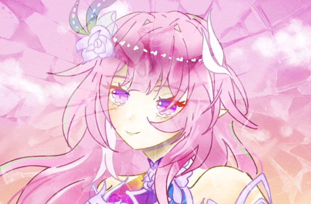 Cyrene looking up at the camera with a broken glass filter on her face