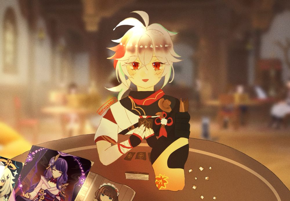 Kazuha facing someone looking happy while the POV has the most broken cards ready to destroy him