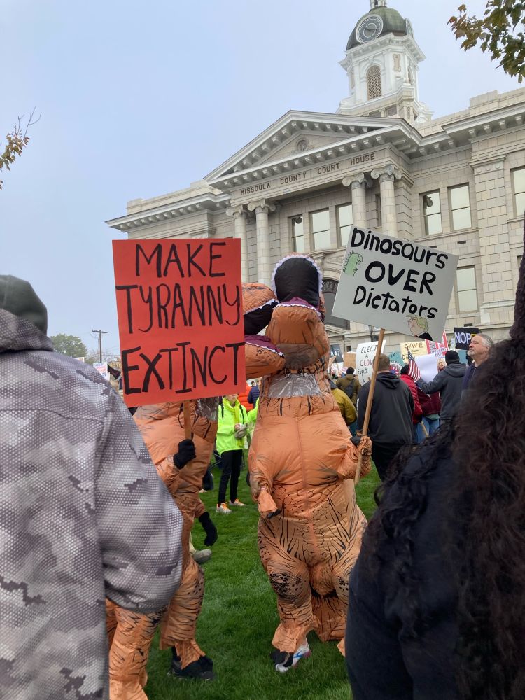 Dinosaur costume-wearing protesters.