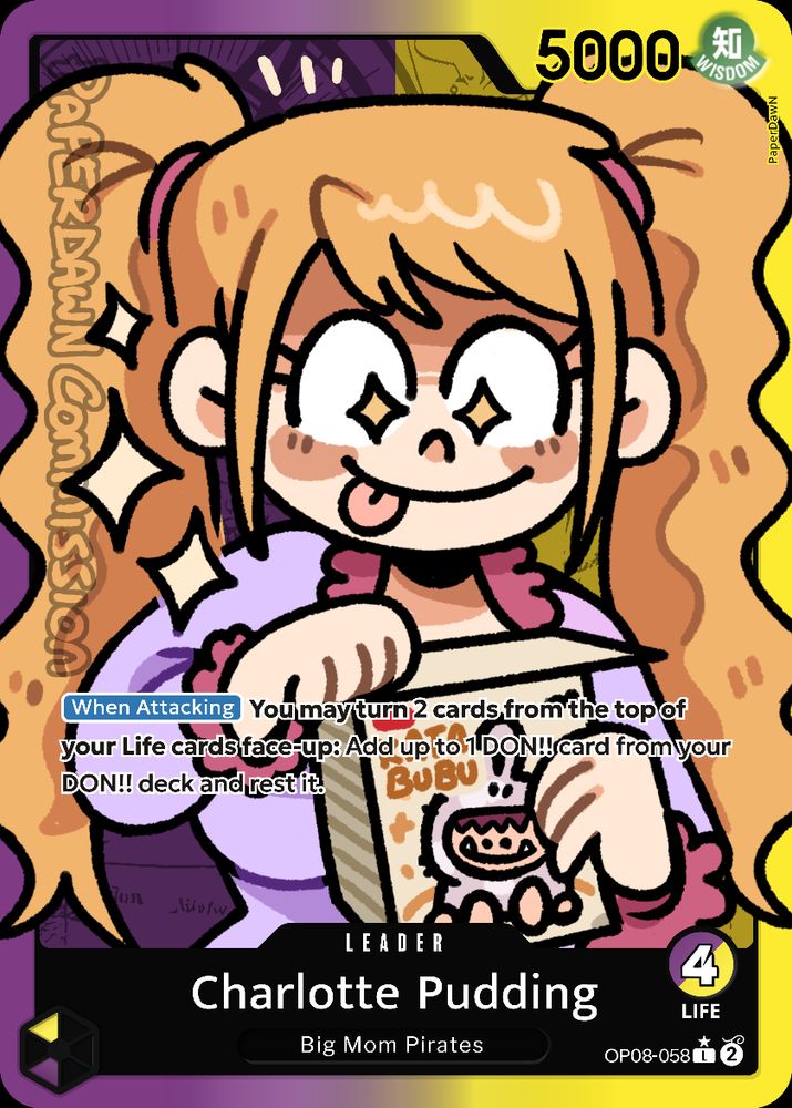 commission custom trading card of Pudding opening a parody Labubu box labeled "katabubu" 