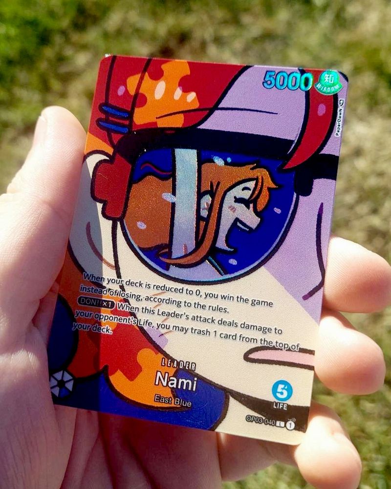 custom Nami One Piece TCG card. Depicting the girl from One Piece fan letter looking at Nami. With Nami being displayed in her glasses.