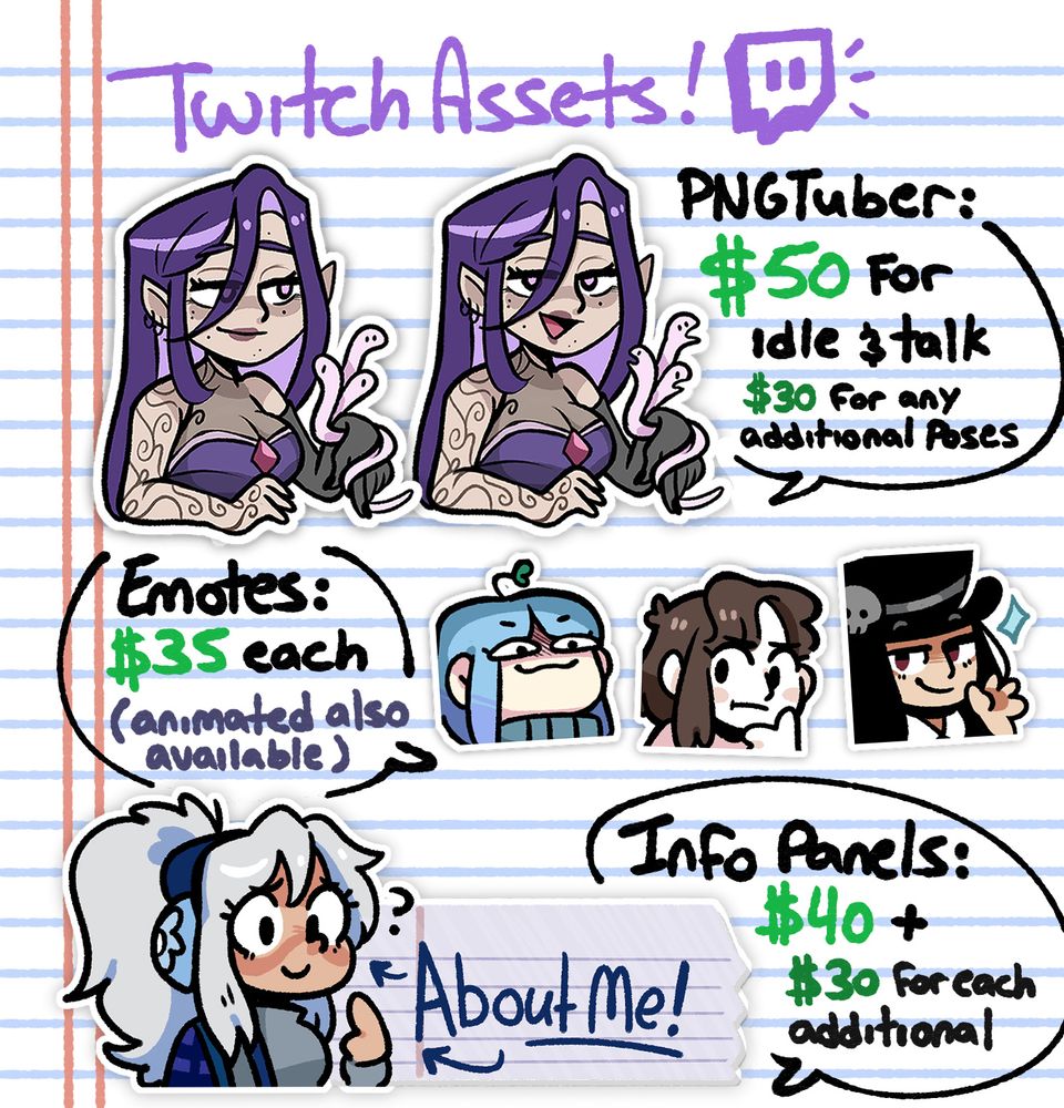 Twitch Asset Prices:
PNGTuber: $50 for "idle" and "talk" poses, $30 for any additional poses.
Emotes: $35 each (animated also available) 
Info Panels: $40 + $30 for each additional panel.