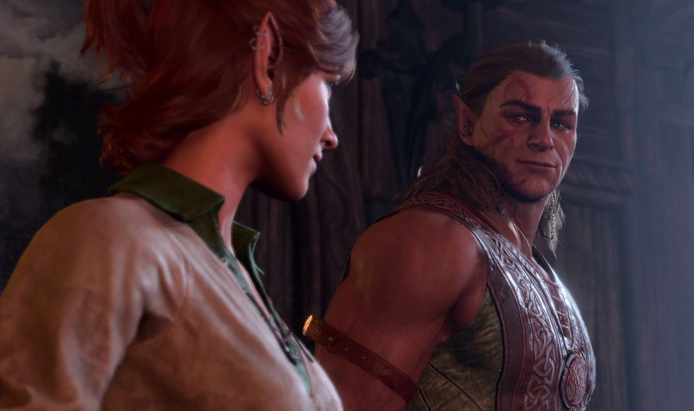 Halsin and my half-elf Tav, Rina, looking at each other.