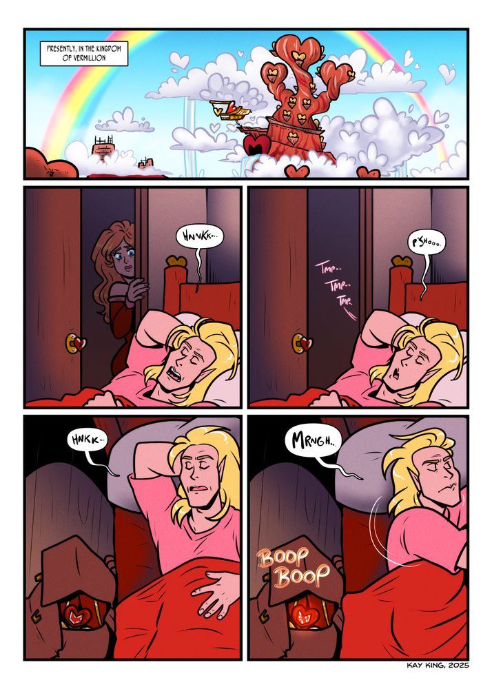 The Kingdom of Vermillion is shown again, mostly in good condition, but we can see some halted repairs.
NARRATION: Presently, in the kingdom of Vermillion

Victor sleeps deeply in his room, spied on for a moment by a pensive Ruby. 

In a similar shot, Victor still snores, but Ruby is now gone, her footfalls quickly fading.

Victor continues to sleep, in an overhead view, that shows the beacon in the backpack next to his bed with the Twin Heart Gauntlets that transform him into Crimsonheart. 

The beacon begins to gently glow and make a soft "boop", but Victor rolls away and snores, unaware.