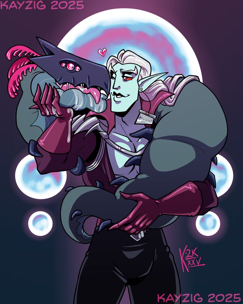 Liege stands in front of a stylized backdrop of The Realm's strange multiple moons, holding Harbinger, his pet murk worm. Harbinger seems very happy, and is excessively drooling.