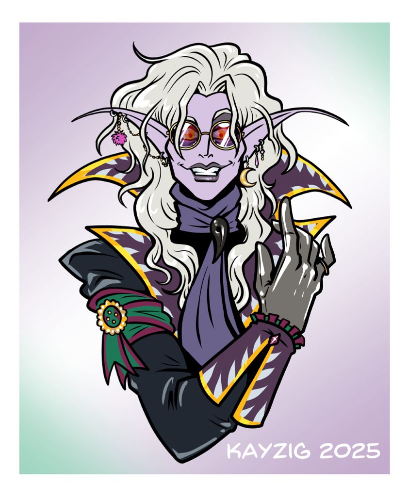 A bust illustration of a Drow, with vividly yellow eyes hidden behind violet glasses and pale purple skin, is dressed in a fancy black and purple waistcoat and a neck scarf fixed with a raven skull pin. Their hair is a bit wild and has a heavy amount of volume and lift up top, and many earrings line their long and somewhat alien/bug-like ear tips, and though they are smiling, there's a sharpness to their stare.
