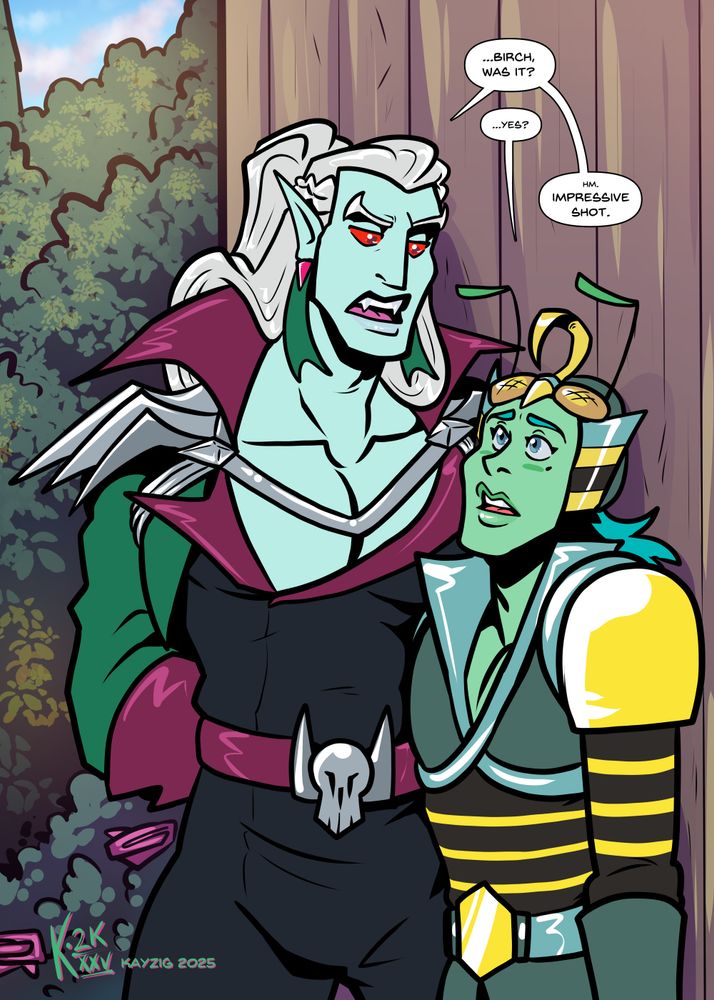 During the archery tournament, Liege looms over Birch, not at all mindful of his imposing body language. Birch flattens somewhat against the wall behind him, looking up at Liege wide-eyed.

Liege opens the conversation, "...Birch, was it?"

In a small voice, Birch replies, "...yes?"

Liege makes a quiet "Hm," and adds in normal conversational volume, "Impressive shot."