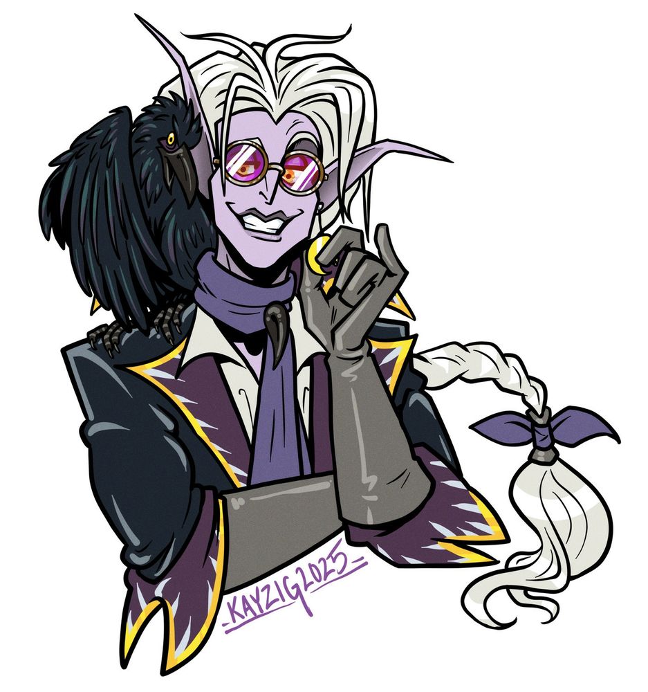 A purple-skinned person with long white hair pulled into a braid plays with a hanging crescent-shaped earring as they look at the viewer with a smarmy grin and strangely off-set teeth. Their eyes are not wholly hidden behind large tinted purple glasses, and one of their very long pointed ears is perked up, as a raven perched on their shoulder leans towards them from behind one wing, as if whispering a secret.