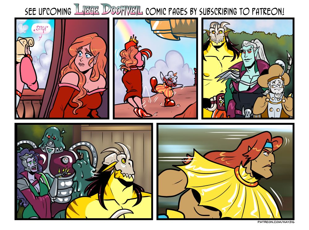 A white-bordered grid of 5 images with 5 different comic page snippets is topped with text: "See upcoming Liege Doomveil comic pages by subscribing to Patreon!"