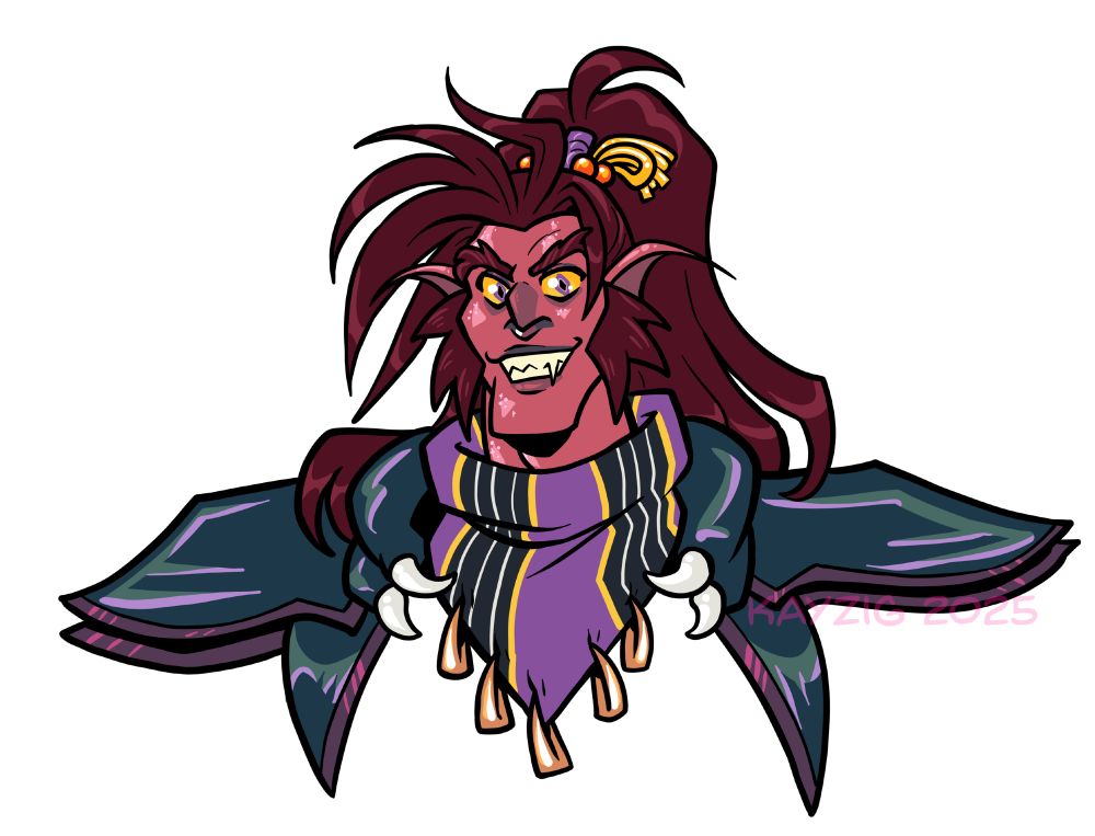 A hobgoblin with gold and purple eyes, grinning, with their hair tied back into a high ponytail with a very tassled hairtie