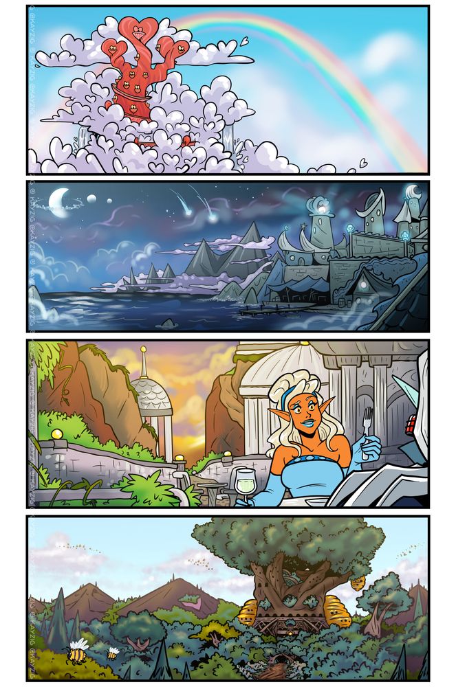 A variety of different locations as a landscape comic panel, with text removed. The first is a tall red spire with many heart-shaped motifs, even in how the red rock towers form roofs and the clouds are shaped, against an ideal blue sky with heart-shaped clouds and rainbows.

The second is a port capital city at night, a starry sky with a supernatural moon lighting up the night, with a strange fog rolling in. The buildings all look a bit like ships or lighthouses.

Argent's capital city is heavily influenced by Roman/green architecture, with earthy mountains topped with vivid green grass.

Finally a castle interwoven into a very very very large tree that has been built up on, large hive structures on its sides looming over the wooded area surrounding it. Numerous bees fly through the air, and a wide dirt road lined with flowers stretches out from it.
