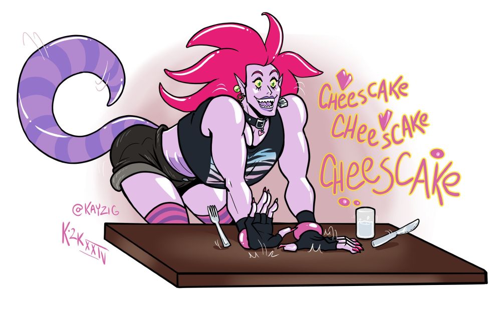 a lavender person with vibrantly pink hair and tail, with strangely worm-like features and sharp catlike eyes and teeth among other more monster-adjacent traits, bounces excitedly at a table with silverware that they're upsetting with their fidgeting, a glass of water also shown to be rippling.