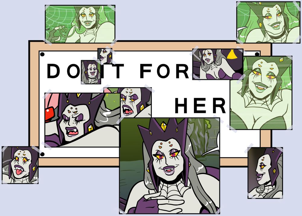 The "Do It For Her" Simpsons meme featuring an OC, Queen Theta, a giant spider woman