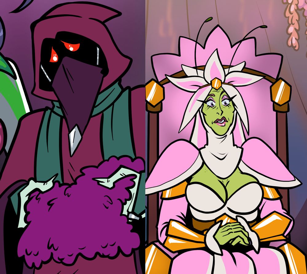 Illustrations of a man whose face is a black void except for his bulbous red eyes covered with shrouds, his aged teal hands visible on a fluffy towel he's holding, and a green woman with stunning makeup and elaborate floral regalia regarding something out of sight with interest.