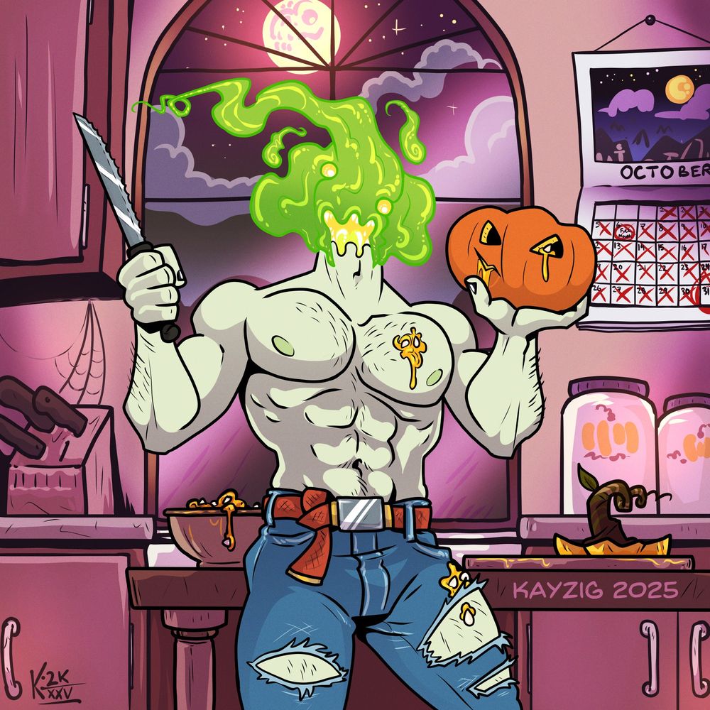 A headless character has a sort of ooze-like specter emerging from his neck, panicking at the fact that a bunch of pumpkin innards from the new "head" he is carving have slopped onto his chest and thigh. From the kitchen background, we can determine he's trying to get this new head carved for Halloween, tomorrow.