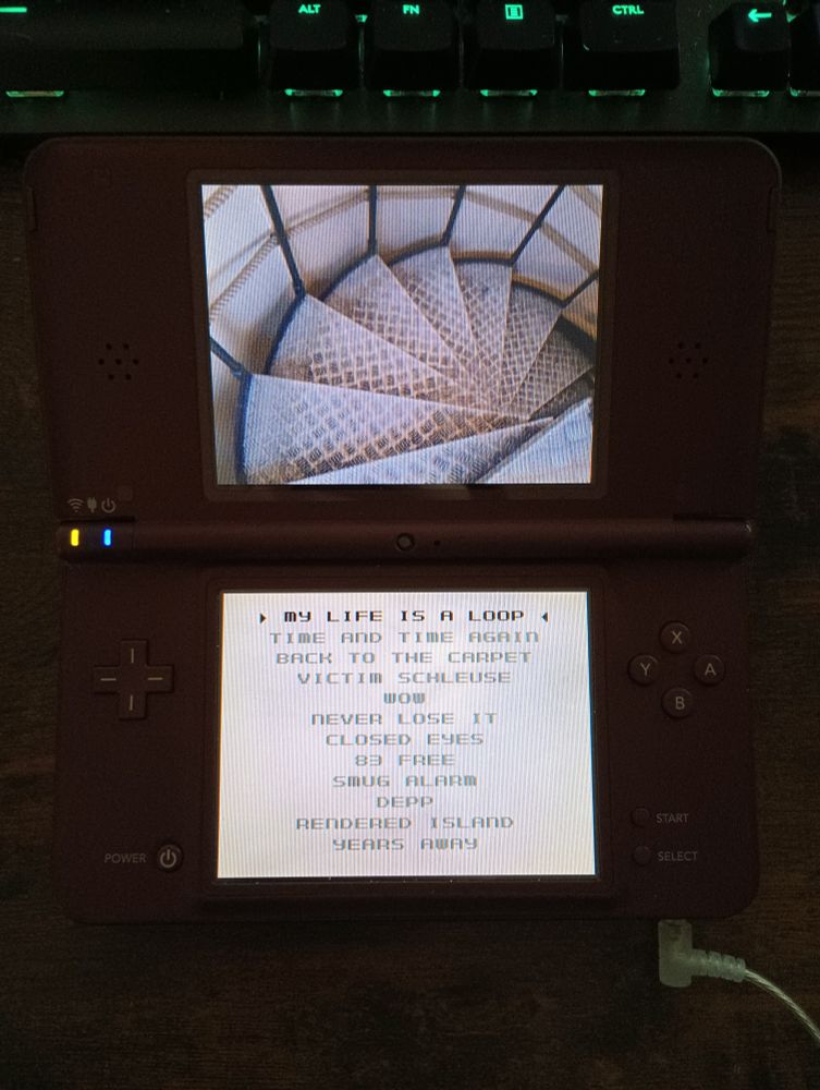 My old DSi XL, playing Remute's Digital Bubblebath.  Upper screen is a short loop of descending a spiral staircase (and changes with tracks) and lower screen is the track listing.  My Life Is A Loop was playing when photo was taken.