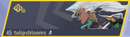 Marvel Rival banner featuring the trident emblem for rank Gold 3 in the corner and the username "tulipsblooms" at the bottom. Storm is facing the left and showing off her profile with a knowing look while her brilliant white hair is blowing behind her. She's wearing a black, gold, and silver jumpsuit and fabulous pointy gold circular earrings.