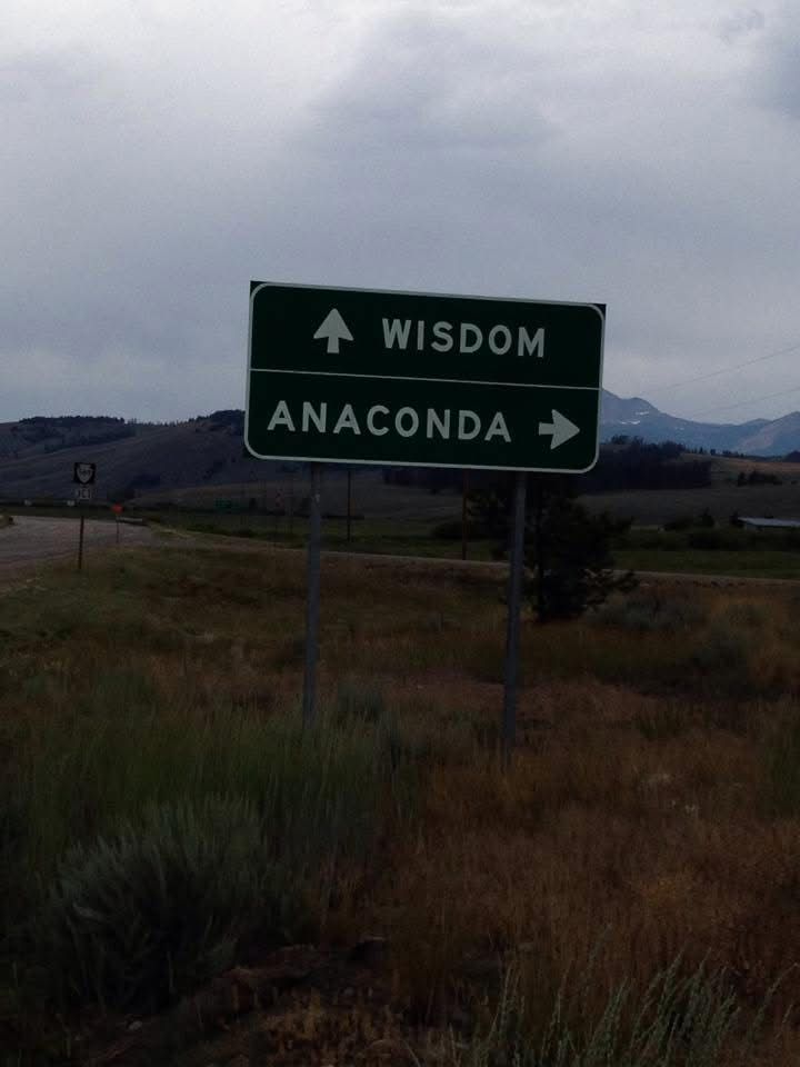 A green road sign in a sere brown grass field, with hills in the background. An arrow pointing straight is labeled “Wisdom”, and an arrow pointing right is labeled “Anaconda.”