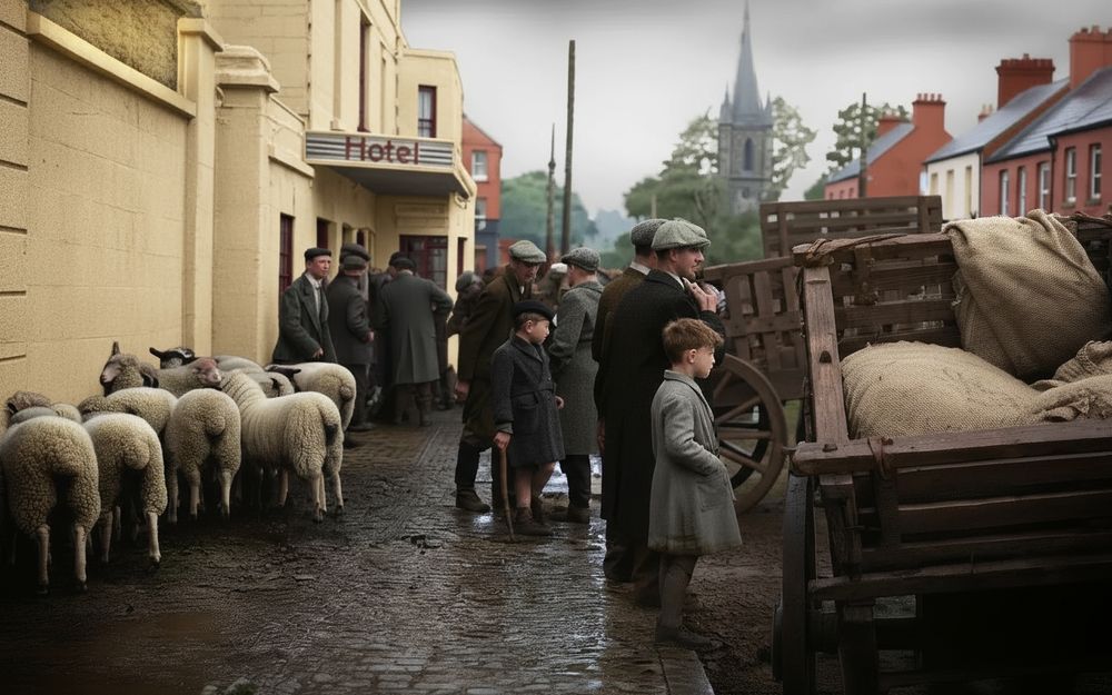 Colourised sheep and carts in a street scene. 