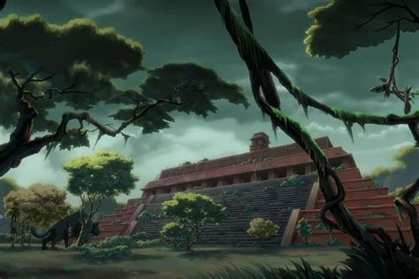 Screenshot from Onyx Equinox episode 4 featuring Yaotl approaching forest ruins