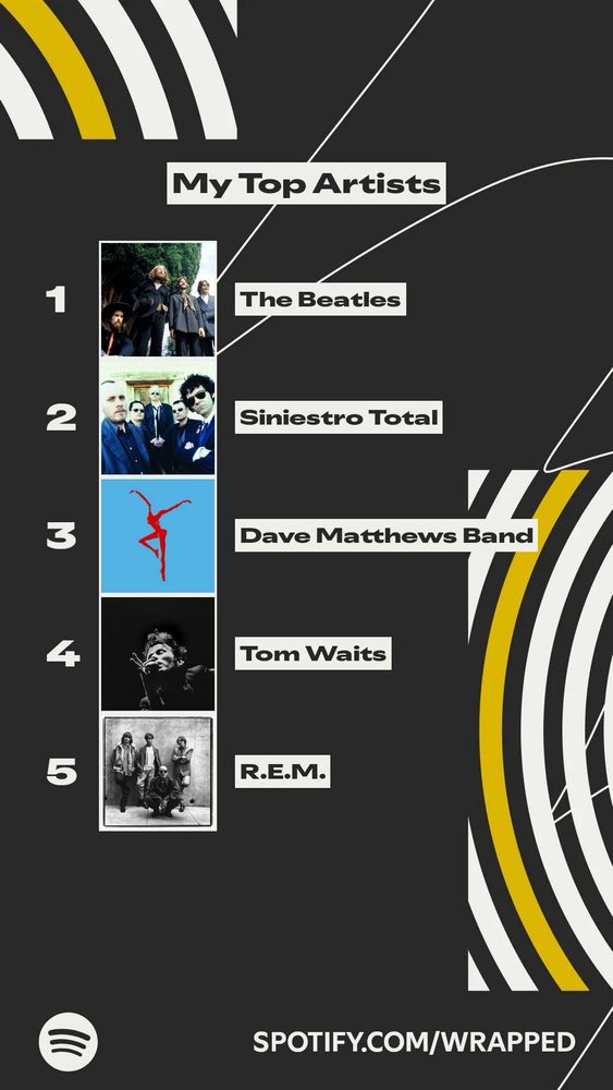 Top 5 artists: The Beatles, Siniestro Total, DMB, Tom Waits, and REM
