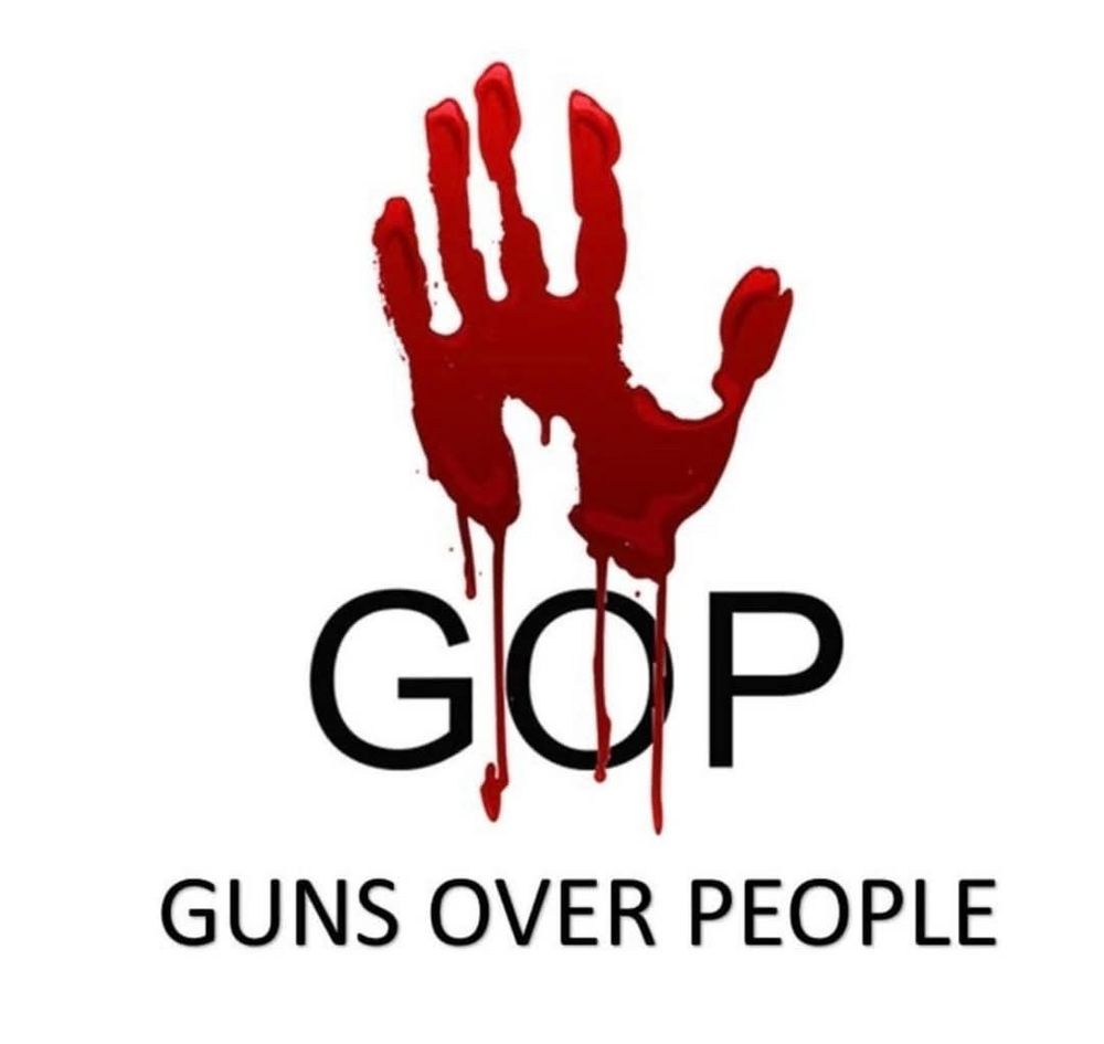 A drawing of a blood-soaked hand and a copy that says: GOP — GUNS OVER PEOPLE