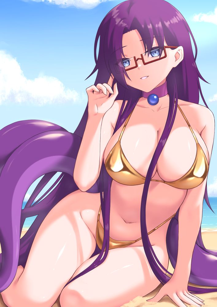An image of my character sitting on a beach; wearing a shiny golden bikini. Long strands of her purple hair have fallen over the front of her shoulders while she adjusts her glasses with a finger.