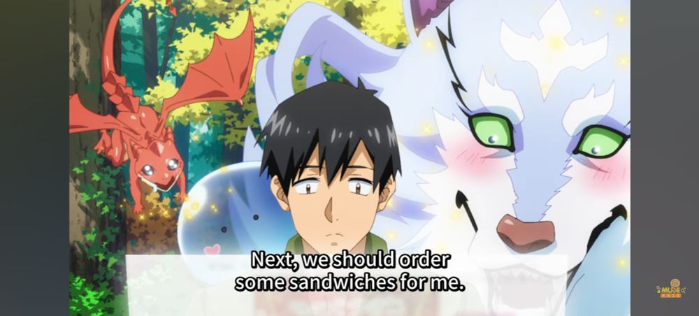 A scene in the anime Campfire Cooking In Another World With My Absurd Skill. Mukouda, the human, is ordering food for his three familiars, Dora-chan (pixie dragon), Sui (slime), and Fel (Fenrir). All three familiars are staring at Mukouda's Online Shop skill screen while he orders food, while they're drooling with excitement and hunger.