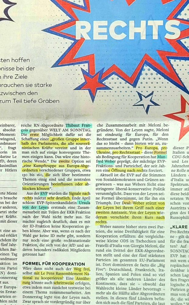 Ausschnitt aus der Welt am Sonntag von heute, in der die Annäherung von rechten und konservativen Parteien in Europa beschrieben wird