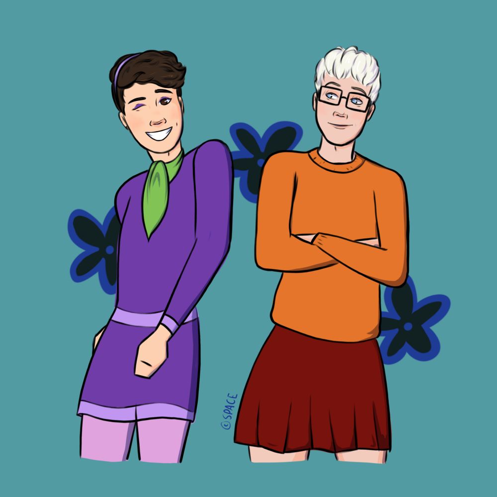 a drawing of Dan Howell dressed as Daphne Blake and Phil Lester dressed as Velma Dinkley. They are standing in front of a teal background with black and blue flowers 