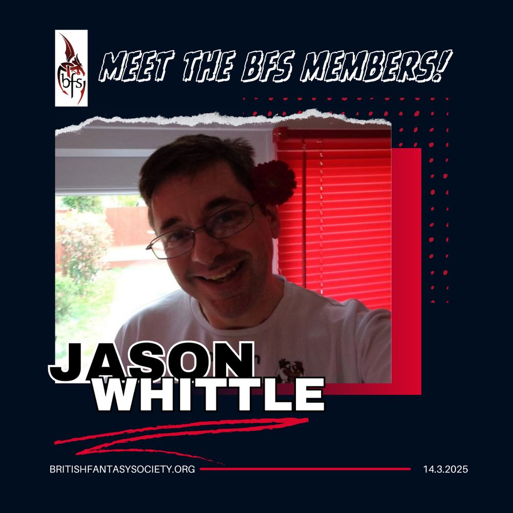 On a black background with flourishes of red lines and dots is an image of Jason Whittle. He's a white man with short brown hair, wearing wire-rimmed glasses, and has a flower behind his ear. He smiles at the camera while taking a selfie. 