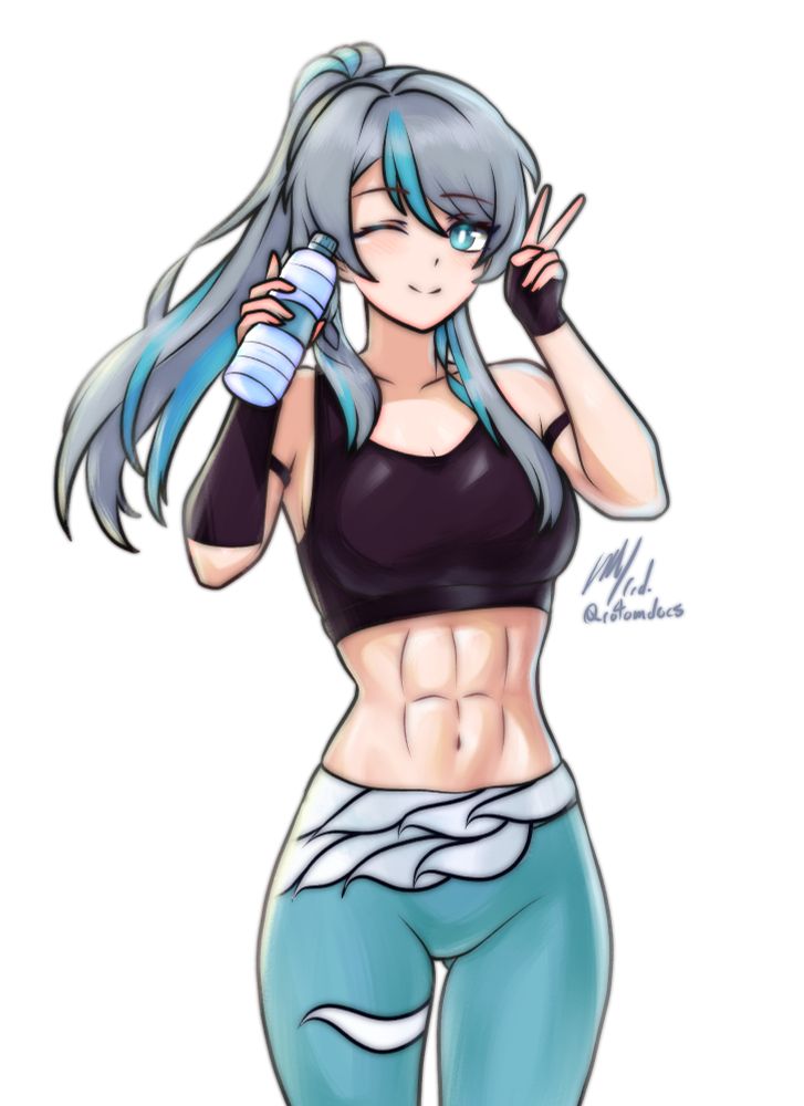Lumi's vtuber avatar in sportswear, winking at the viewer while holding a water bottle.