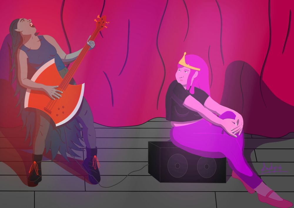 Marceline jouant de sa guitare/hache alors que la Princesse Bubblegum la regarde, les deux sont sur une scène et éclairées par des projecteurs rouges bleus et violets