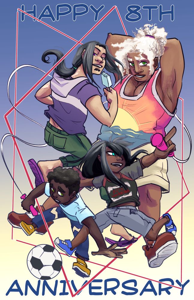 Alec, Jethro, Becka, and Jac are dressed for summer fun. Alec's eating ice cream, while Jac and Becka play soccer and with a jumprope. Jethro's just flexing. Maybe compulsively. 