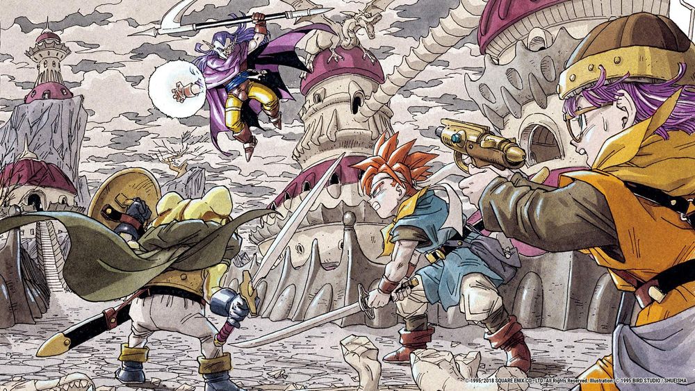 chrono, lucca and glenn fighting magus drawn by Akira Toriyama