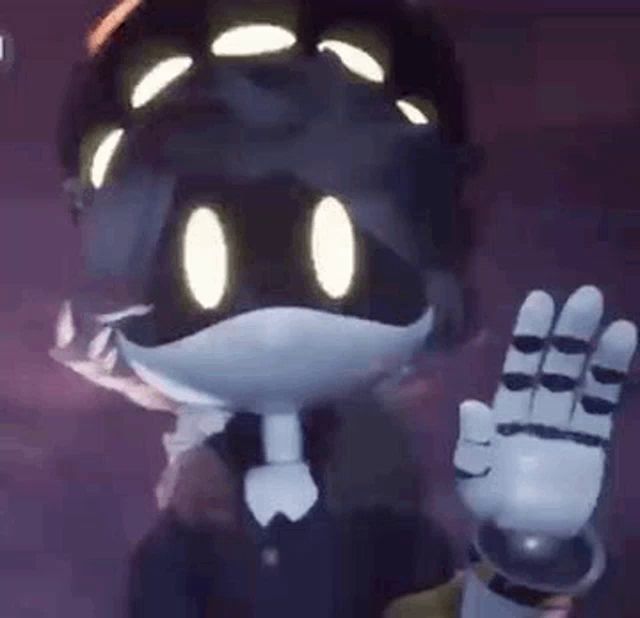 a cartoon character with glowing eyes and a robot hand is waving at the camera .