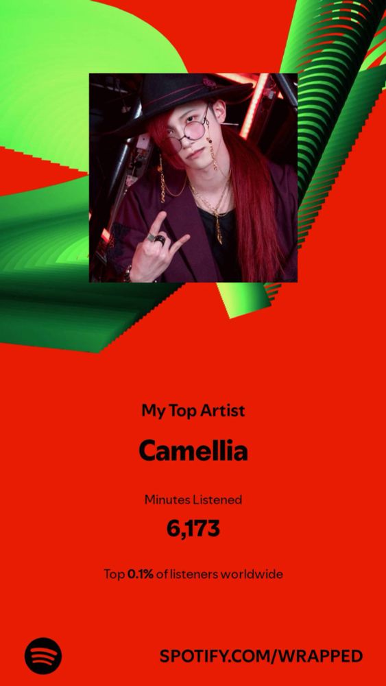 spotify wrapped stating my top artist for the year was Camellia, with 6,173 minutes listened. spotify states this is top 0.1% of listeners worldwide
