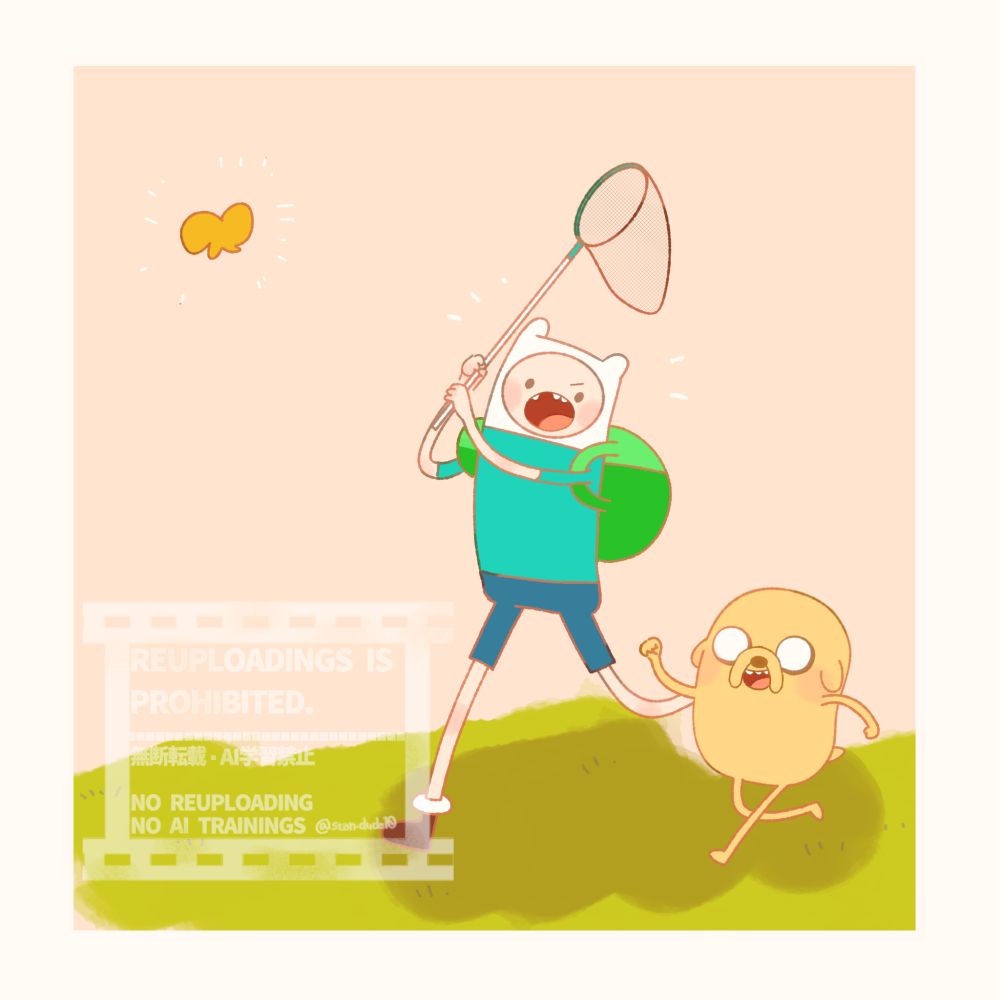 アドベンチャータイムのキャラクター、フィンとジェイクがちょうちょを追いかけているイラスト
