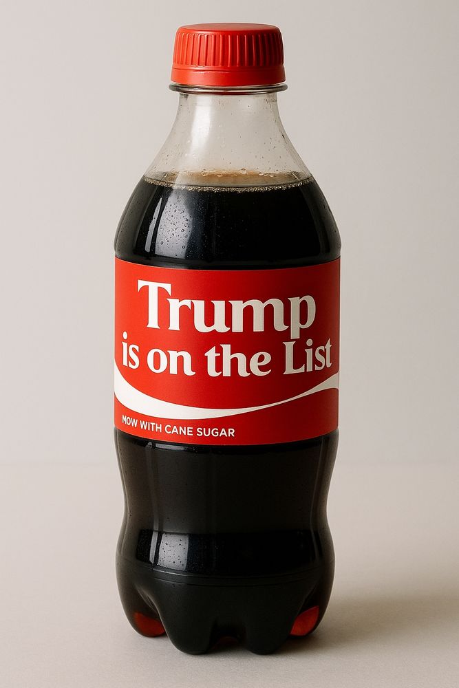 Coke bottle with label saying "Trump is on the list" and "Now with cane sugar"
