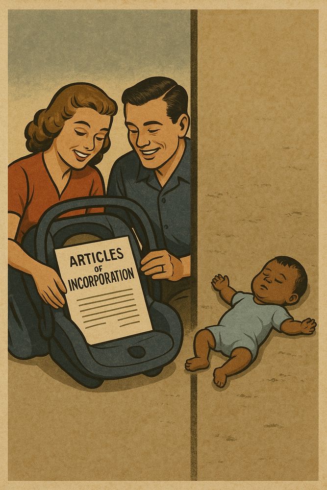 Parents standing over articles of incorporation in a car seat happily, while a baby lies on the ground.