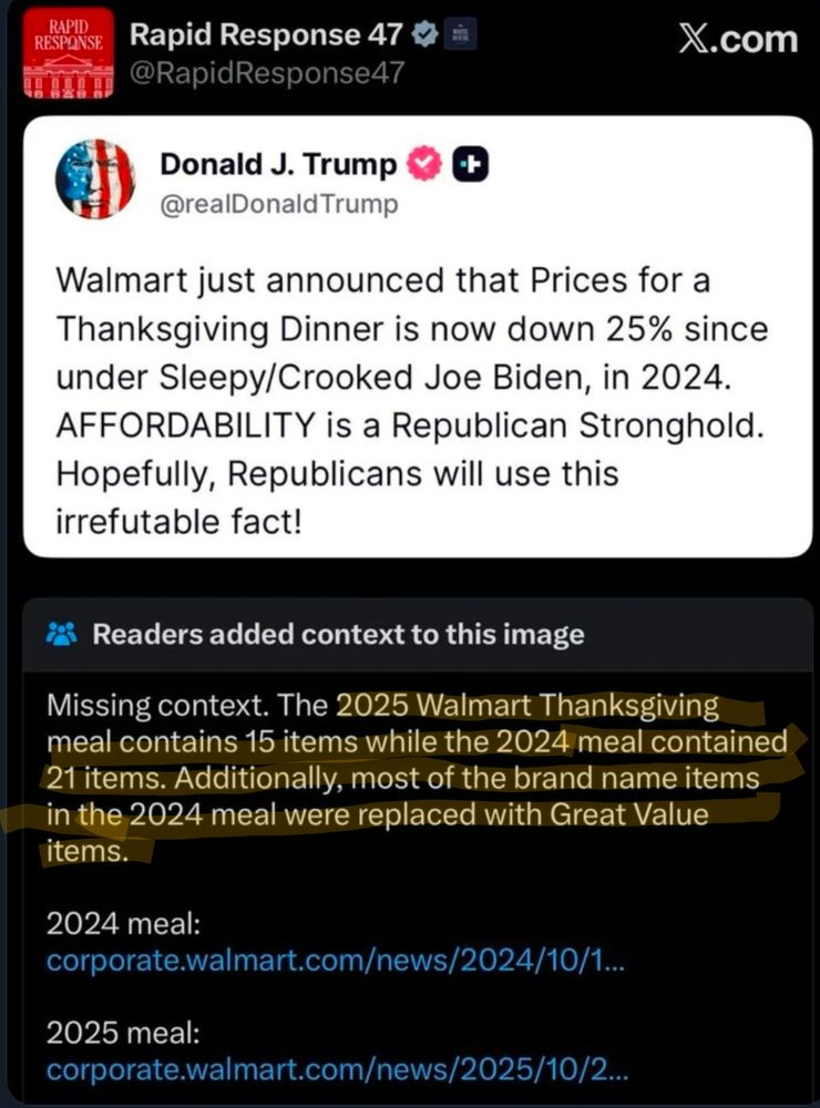 Trump post saying Walmart thanksgiving meal is cheaper this year and being corrected by community notes that there are fewer items of lower quality.