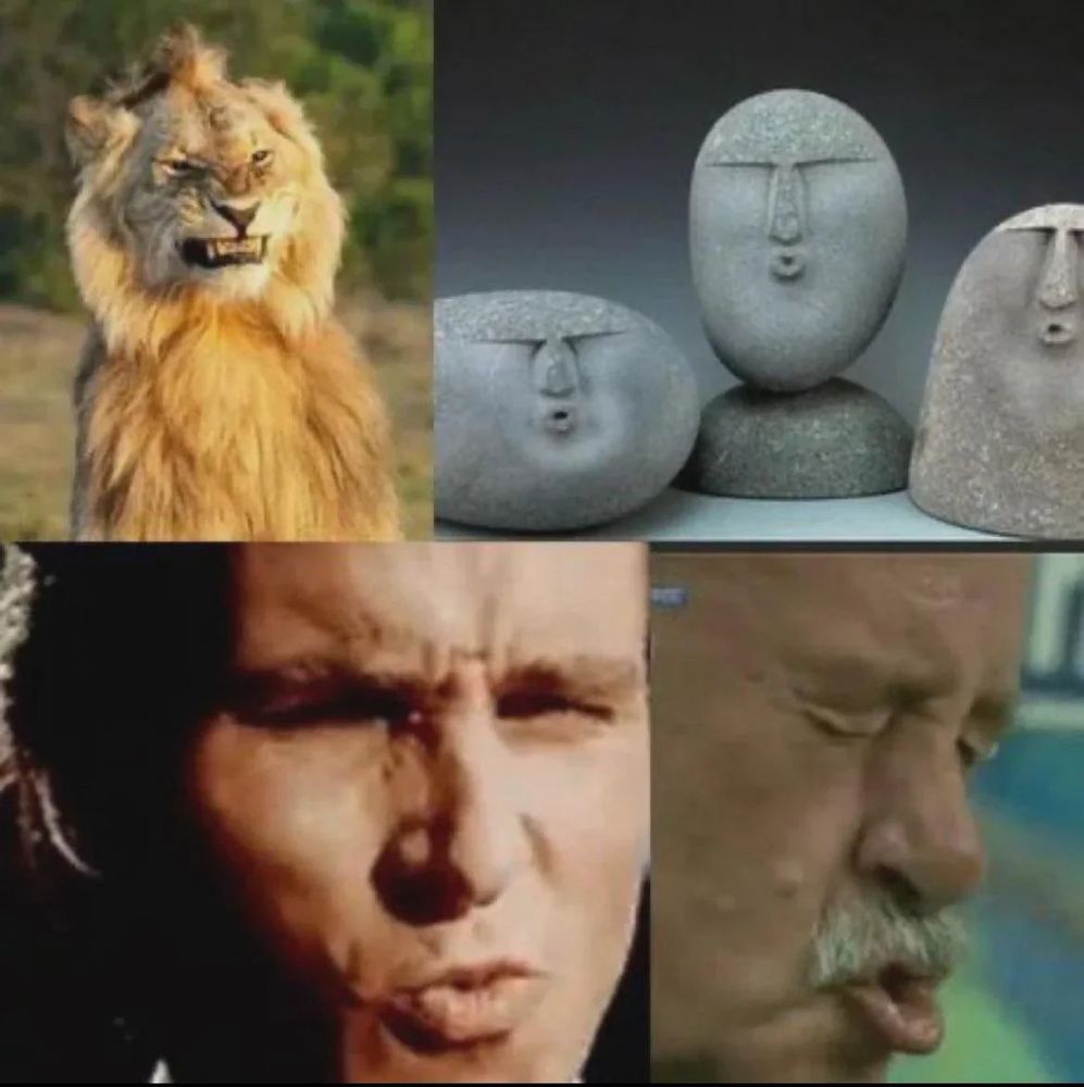 A lion, carved rocks, and a couple of guys making the 