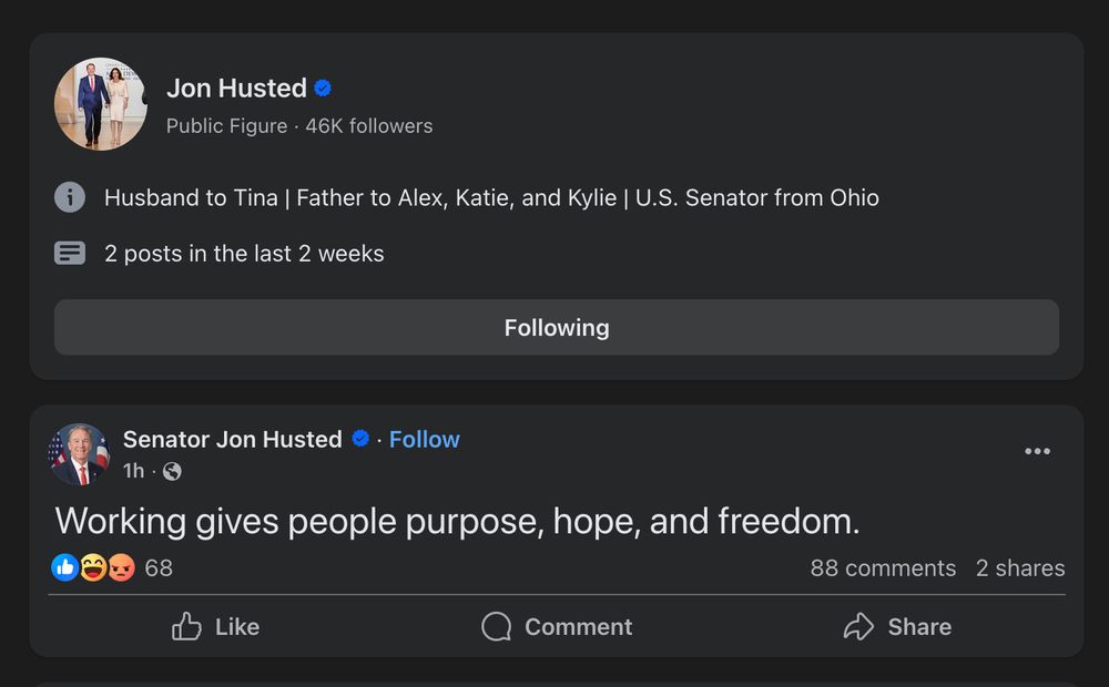 Senator Jon Husted saying "Working gives people purpose, hope, and freedom."
