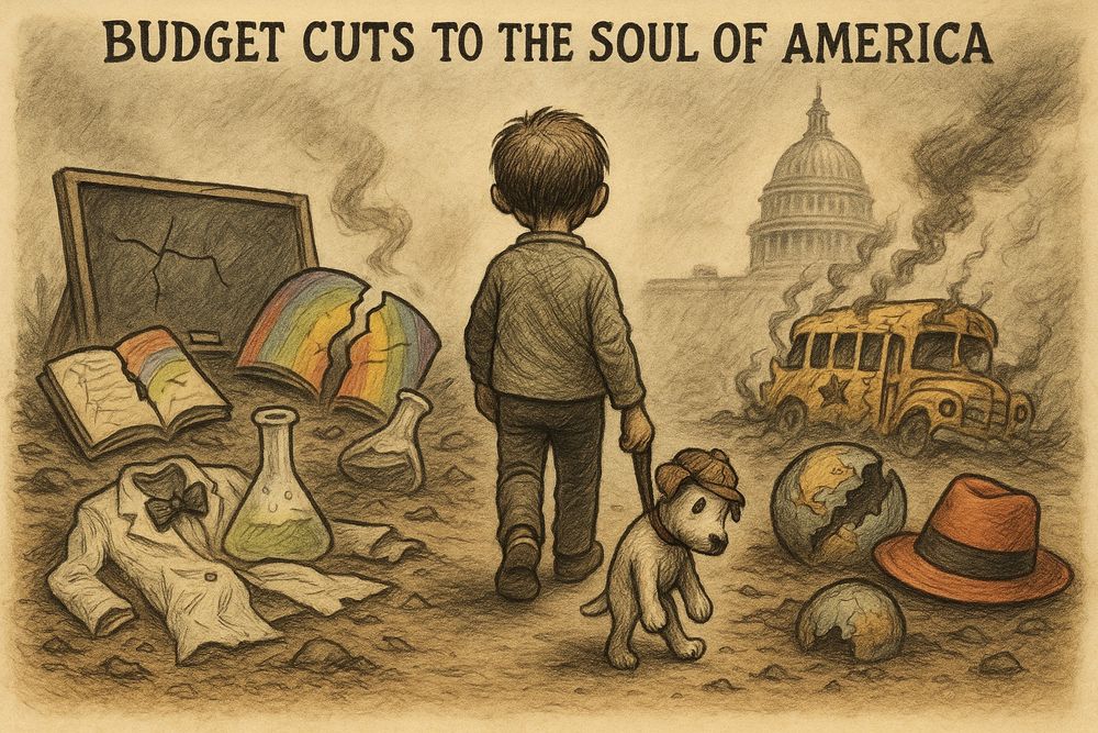 A child walks through the ruins of childhood imagination.