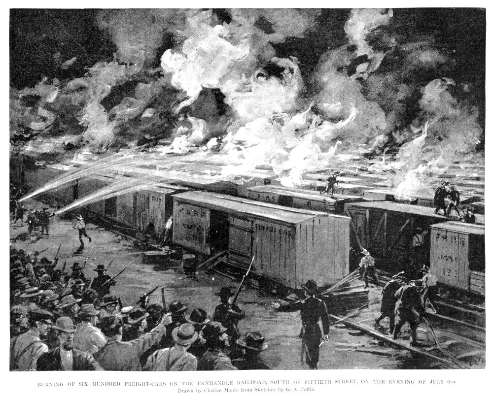 The Chicago railroad strike of 1877 - burning boxcars and striking workers.
