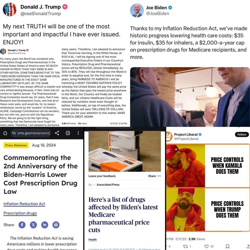 Photo of articles talking about Biden lowering drug costs and a post from Trump taking credit for lowering drug costs.