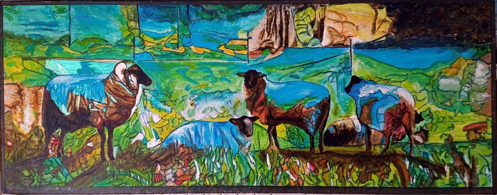 Field of sheep seen through a kaleidescope view. acrylic painting