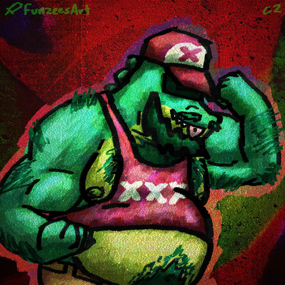a drawing of @funzees.bsky.social's character Trucker Gator flexing his muscles