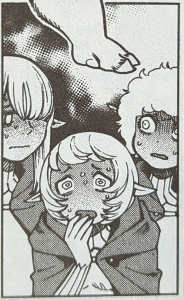 Frame from the manga "delicious in dungeon" depicting an anxious elf girl