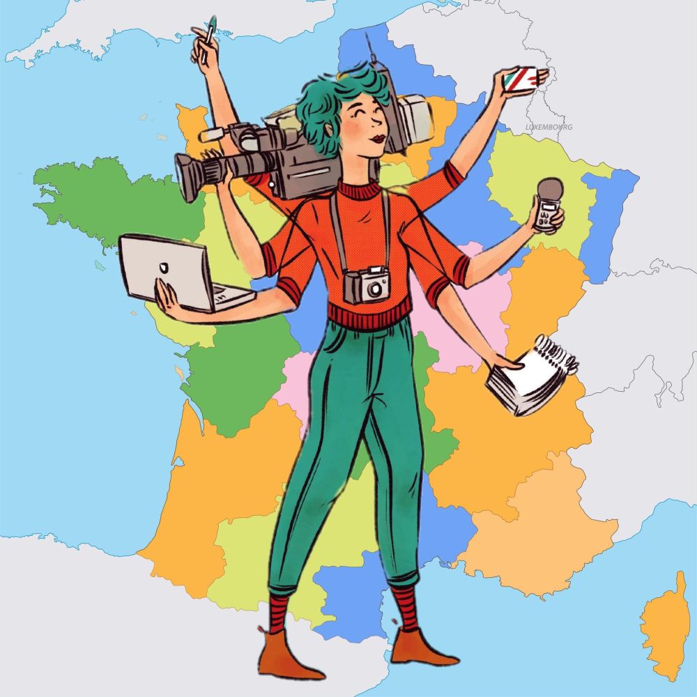 Une journaliste pigiste multitâche sur fond de carte de France